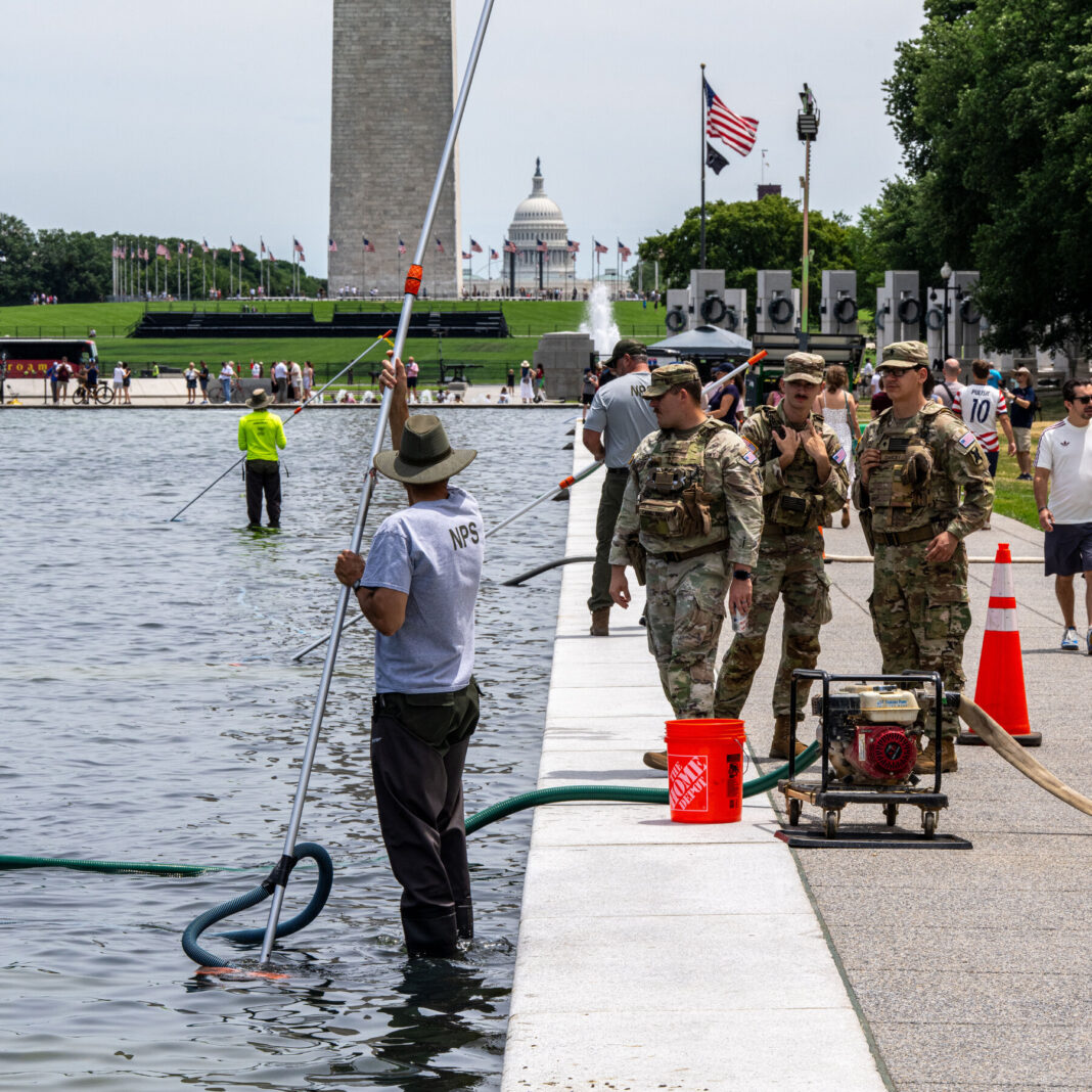 The Reflecting Pool’s Blue Paint Is Peeling Off Days After an Algae Bloom